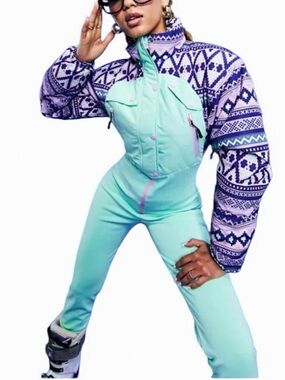 ASOS Ski Suit 4505 Retro Onesie Snowsuit Mint Green Aztec - Women US 10